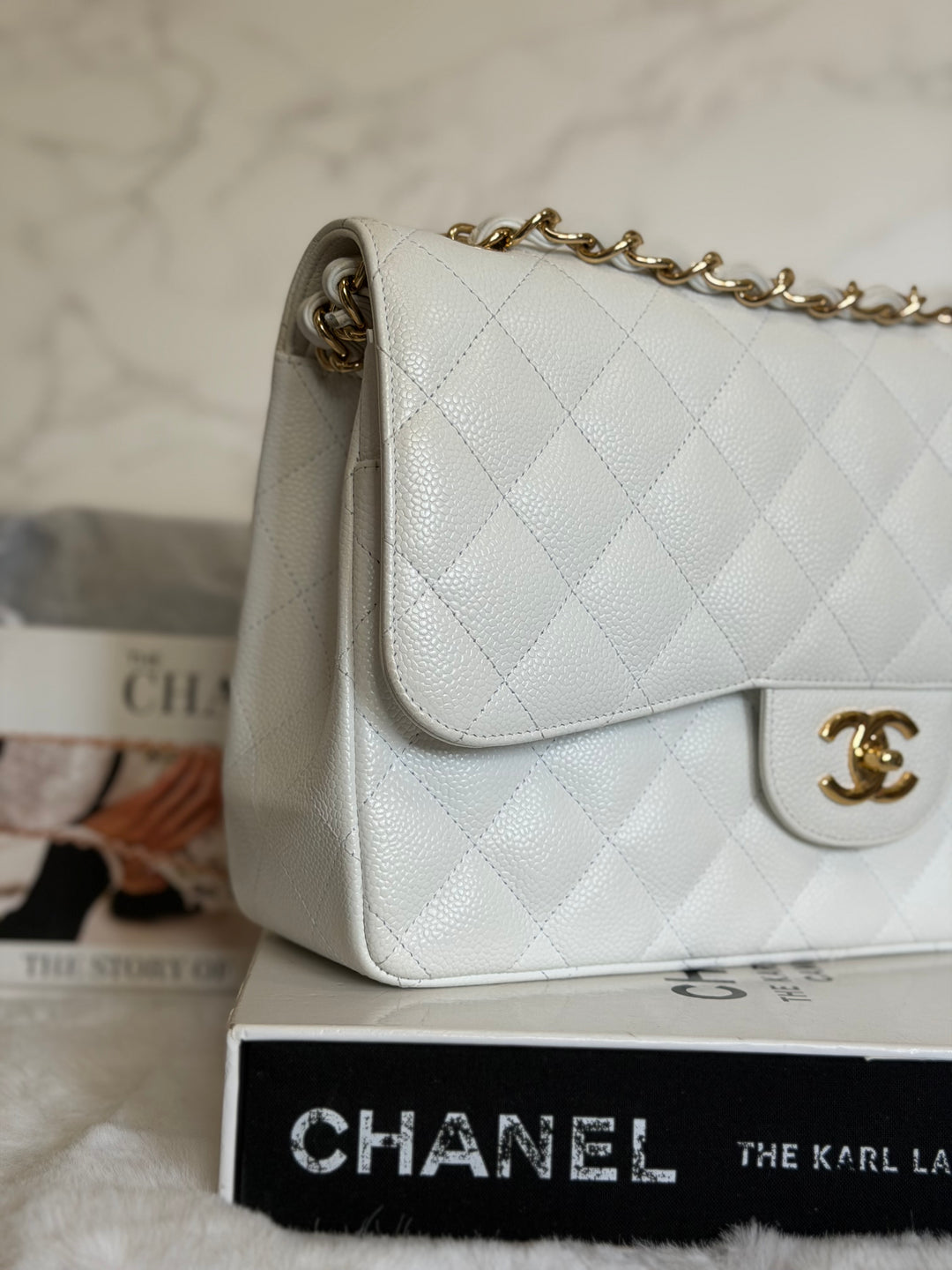 CHANEL White Caviar GHW Jumbo Double Flap Classic Bag 2010