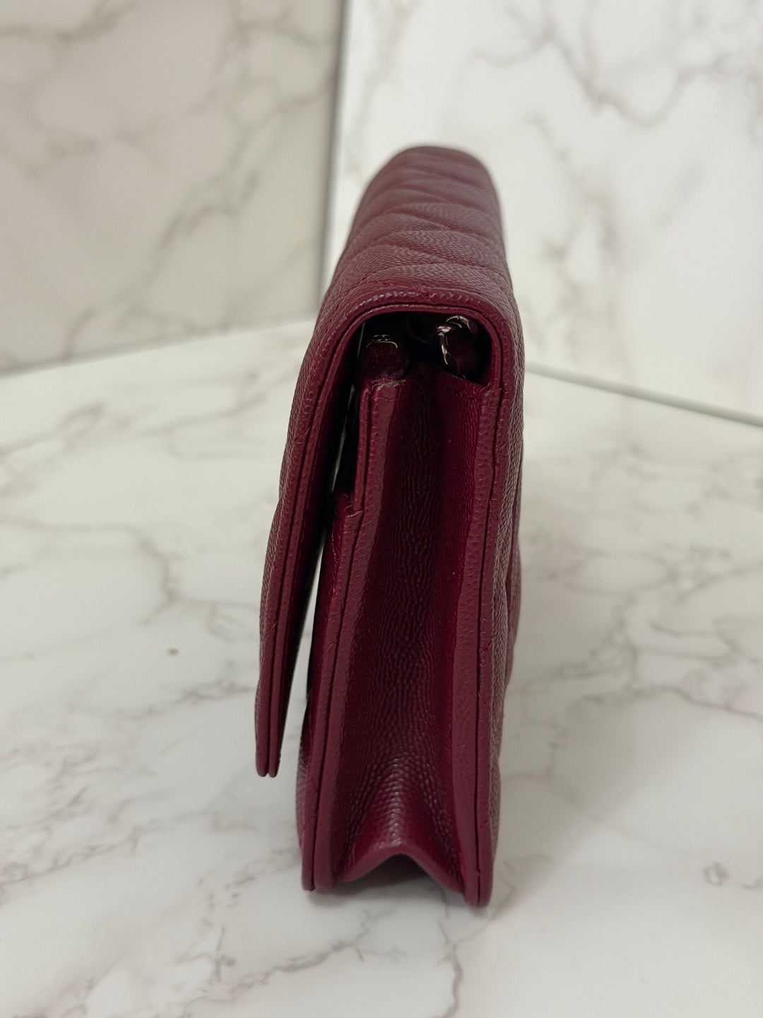 CHANEL 2024 Burgundy Caviar SHW Classic Wallet on chain (WOC) with crystal CC Logo