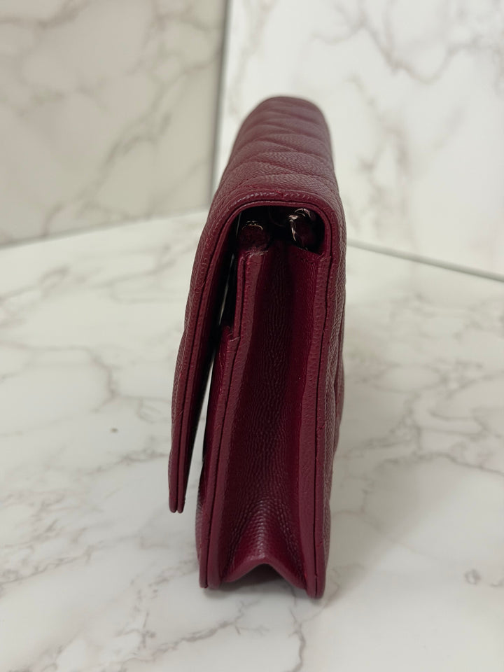 CHANEL 2024 Burgundy Caviar SHW Classic Wallet on chain (WOC) with crystal CC Logo