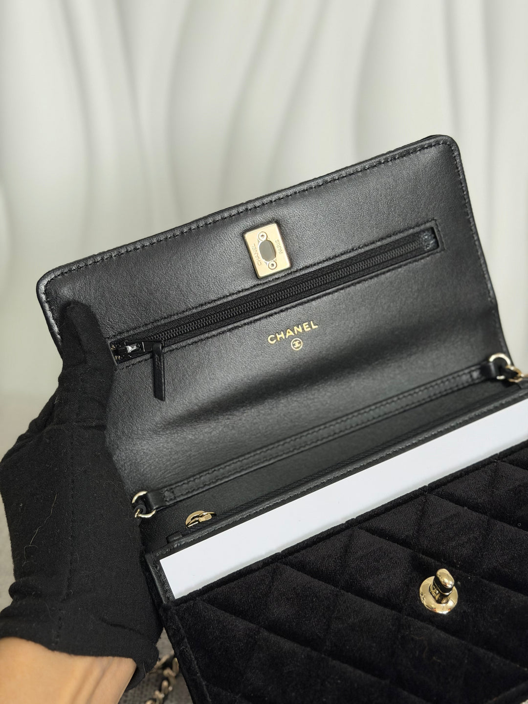 CHANEL 2025 Black Velvet Crystal Pearl Crush Adjustable Strap Wallet on Chain (WOC)