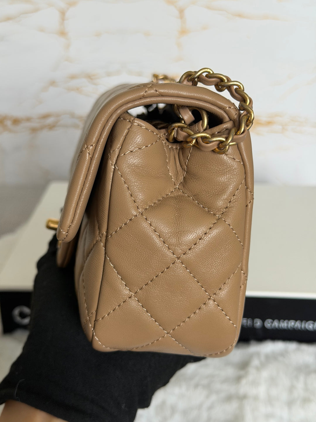 CHANEL 22B Taupe Dark Beige Lambskin Aged GHW Pearl Crush Adjustable Chain Mini Rectangular Flap Bag 2022