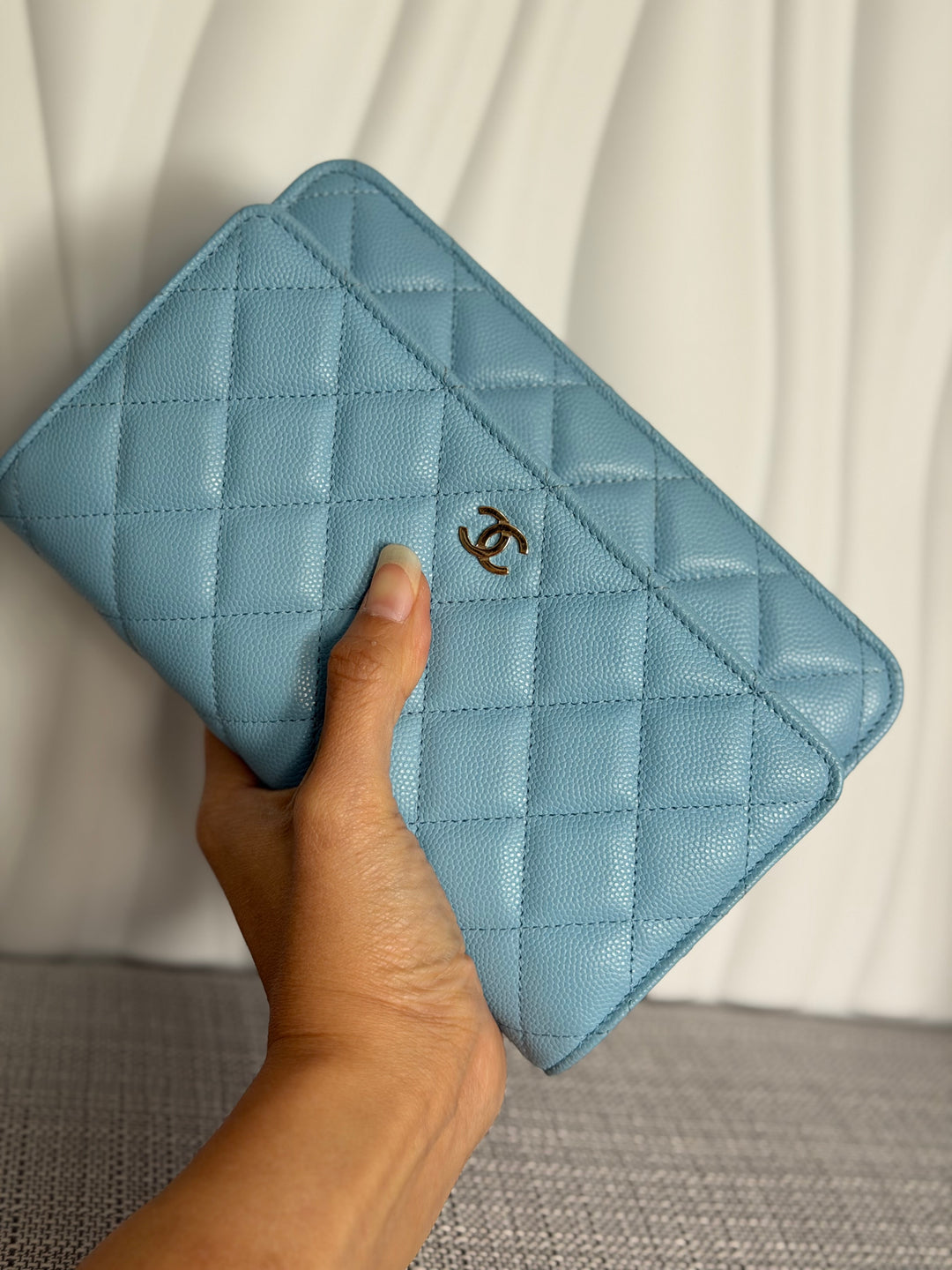 CHANEL 22S Collection 2022 Baby Blue/ Light Blue Caviar LGHW Classic Wallet on chain (WOC)