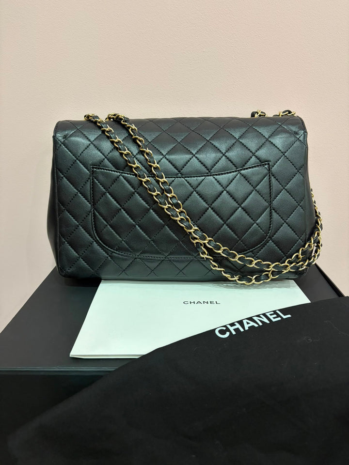CHANEL Black Lambskin Brushed GHW Mademoiselle Chic Jumbo Single Flap Bag