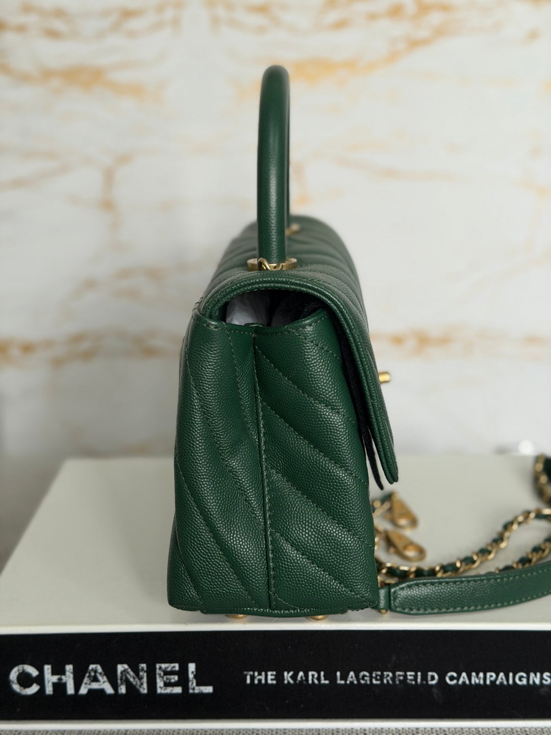 CHANEL series 26 Forrest Dark Green Caviar Chevron Aged GHW Coco Handle Size SMALL 24 cms 2018