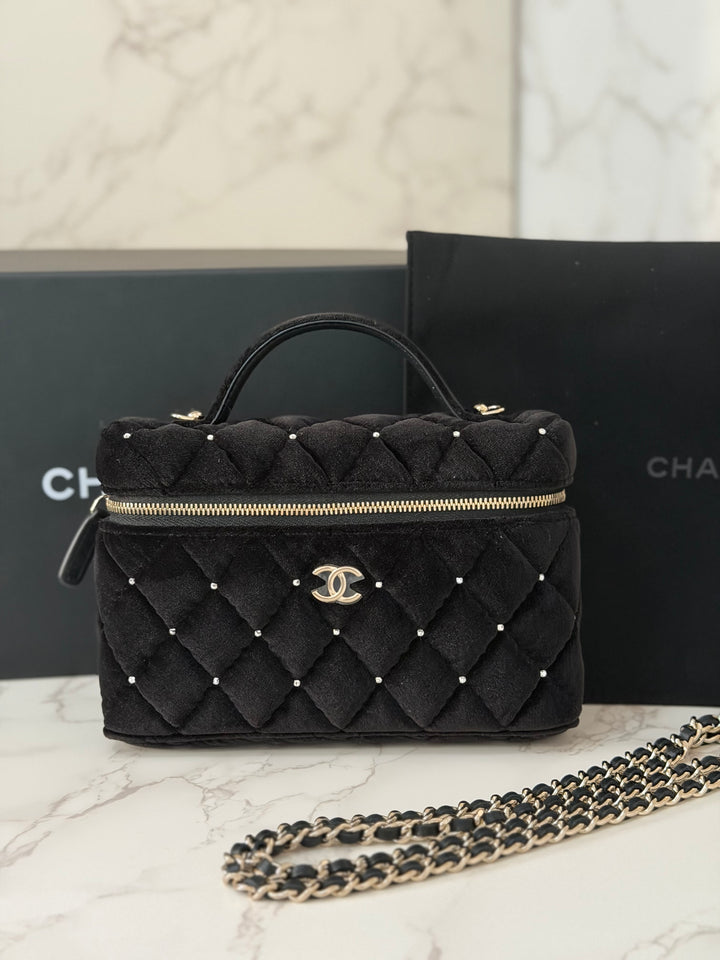 CHANEL 25K 2025 Black Velvet Diamanté Long Vanity with Detachable chain LGHW