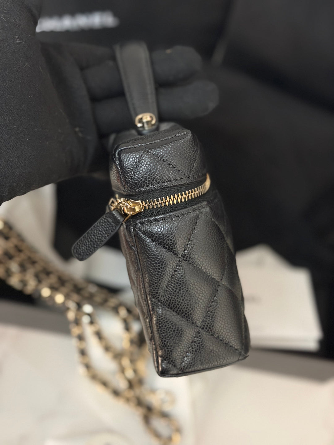 CHANEL Black Caviar LGHW Long Vanity with top handle and detachable chain