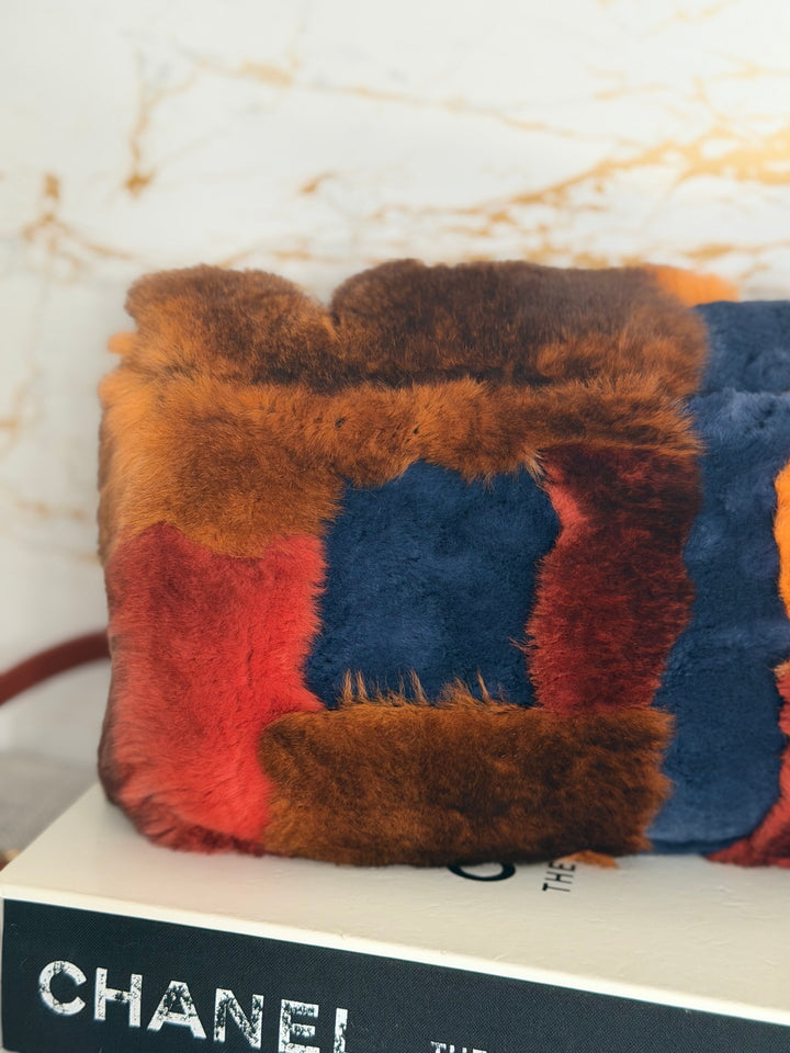 CHANEL series 28 Orylag Red Orange Navy Fur Flap Bag with GHW Medium Single Flap Bag 2018