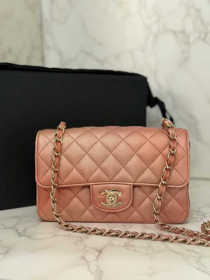 CHANEL 21S Ombré Rose Gold Metallic Copper Lambskin LGHW Mini Rectangular Flap Bag 2021
