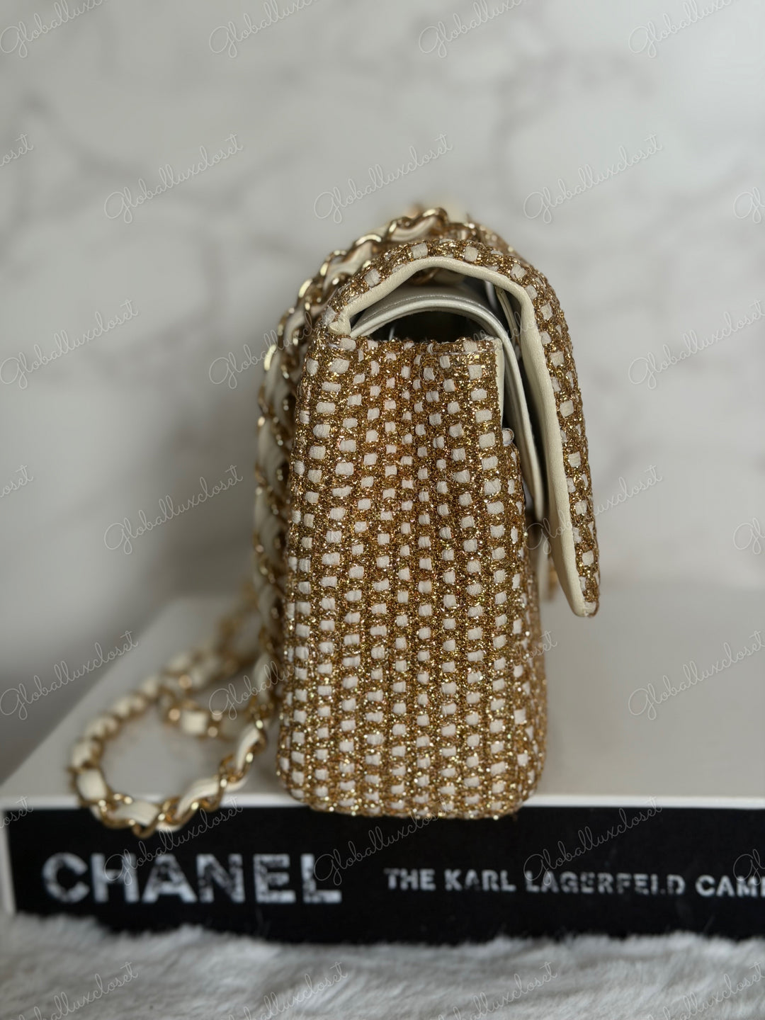 CHANEL series 17 Beige/Ivory Gold Tweed Medium ML Timeless Classic Double Flap Bag 2012 with LGHW