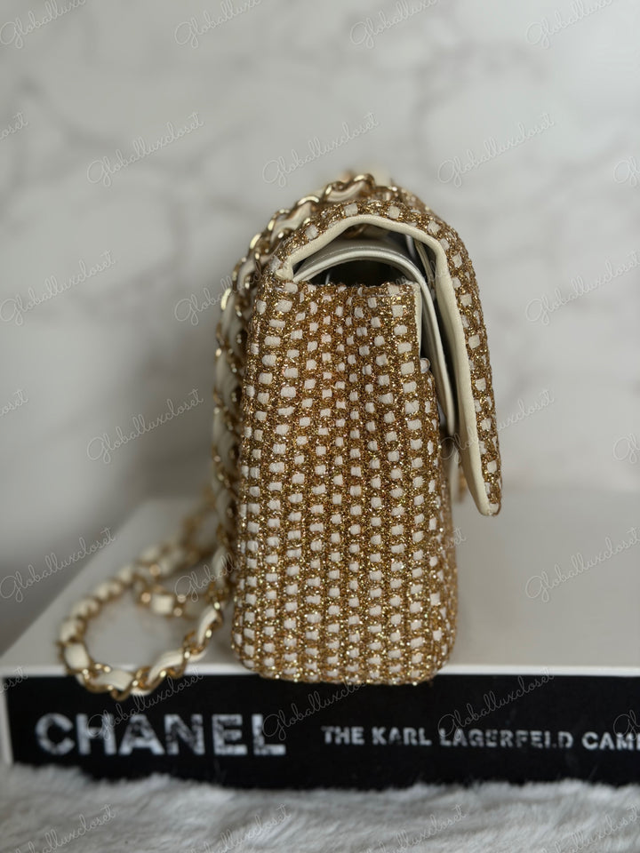 CHANEL series 17 Beige/Ivory Gold Tweed Medium ML Timeless Classic Double Flap Bag 2012 with LGHW