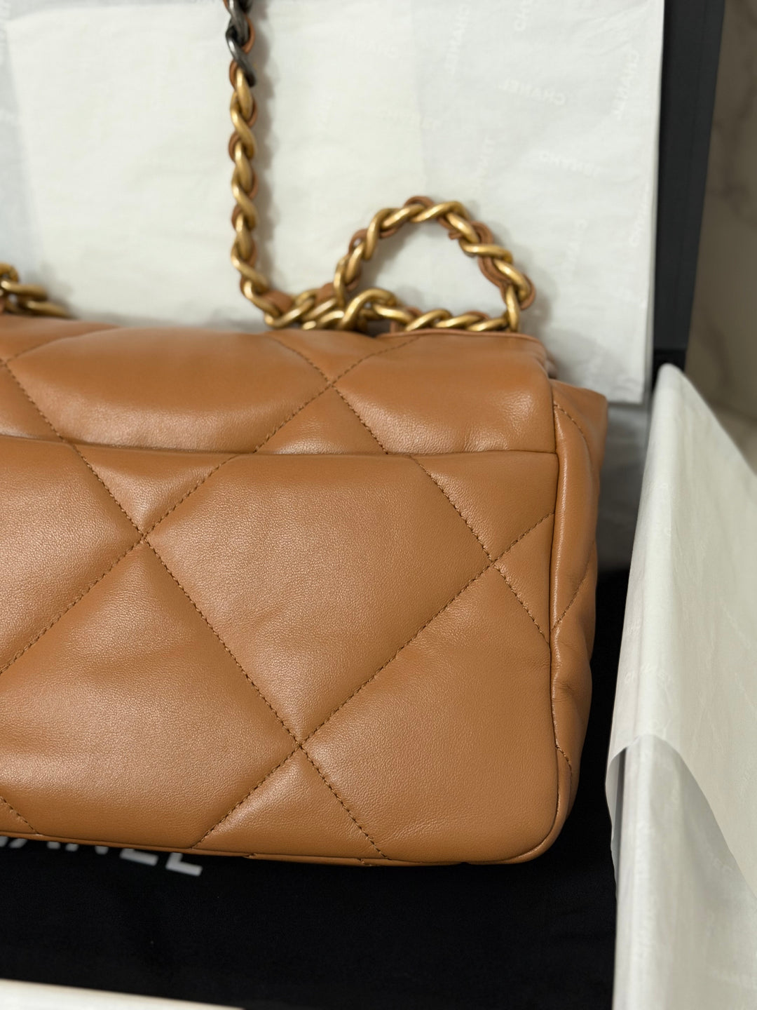 CHANEL Caramel Brown Lambskin Mixed Hardware 19 Size Small Medium Flap bag from 2022