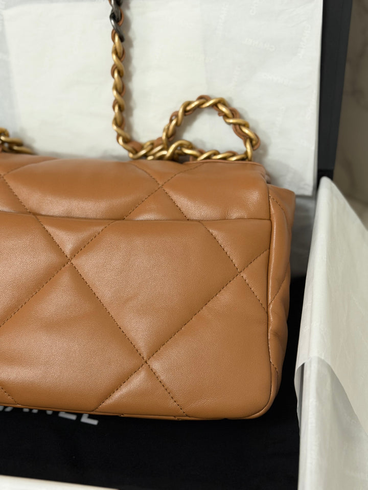 CHANEL Caramel Brown Lambskin Mixed Hardware 19 Size Small Medium Flap bag from 2022