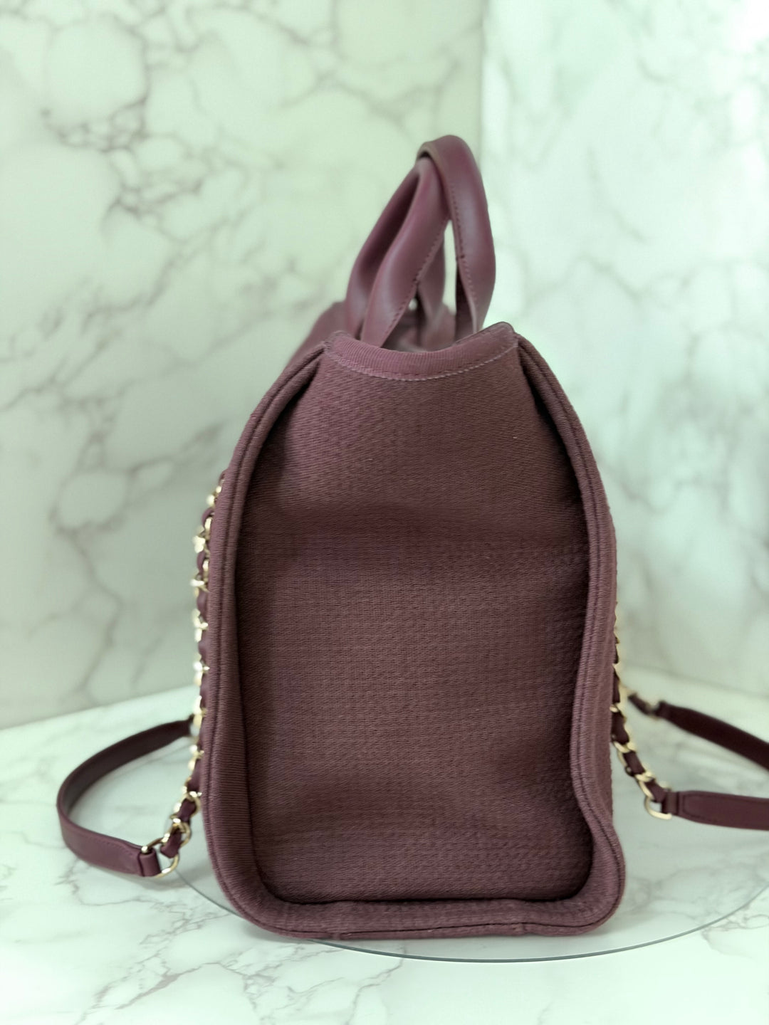 Chanel 24B Collection 2024 Burgundy Tweed Deauville Tote with Leather top handle size small and Detachable pouch