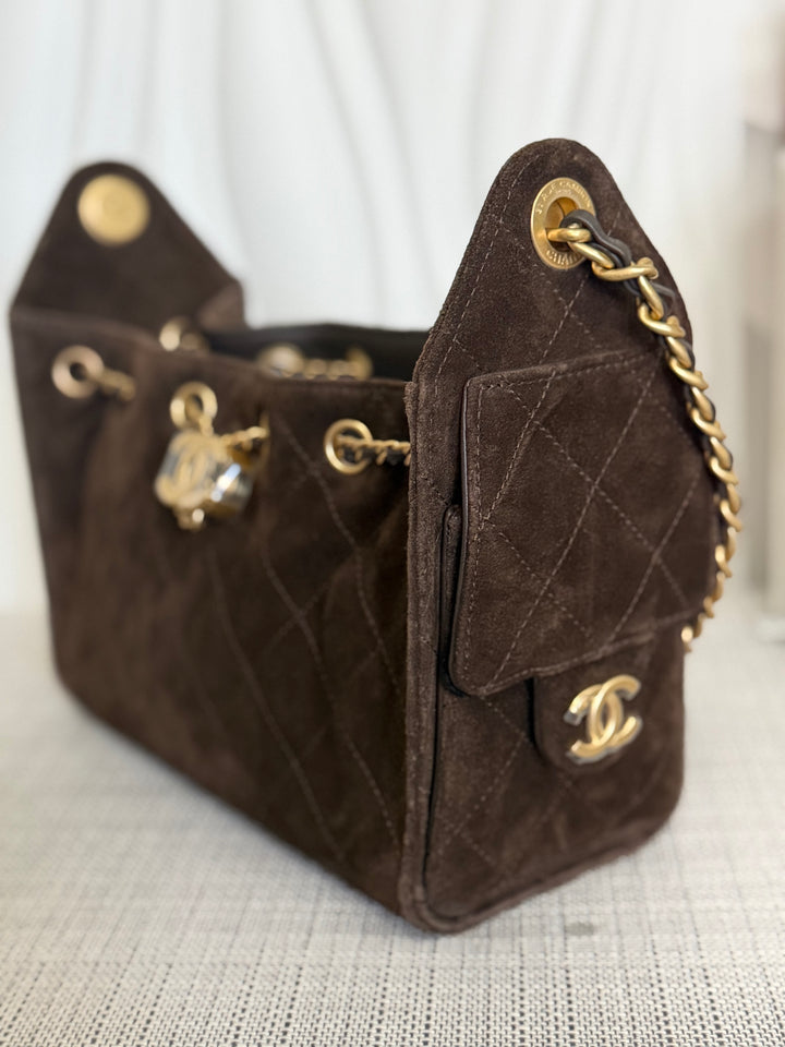 CHANEL 26C collection 2025/2026 Brown Suede Leather Mini 25 Hobo Bag with aged GHW