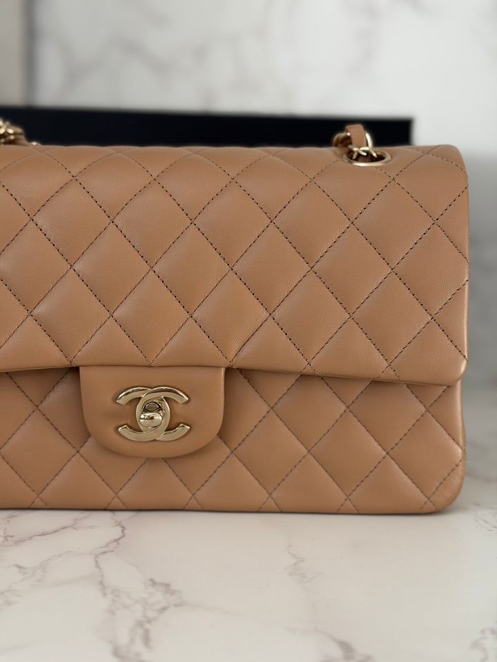 CHANEL 22K 2022 Dark Beige Lambskin LGHW Medium ML Timeless Classic Double Flap Bag