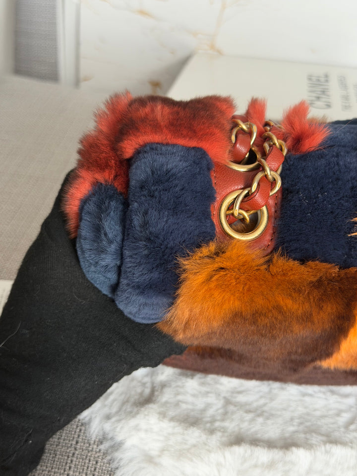 CHANEL series 28 Orylag Red Orange Navy Fur Flap Bag with GHW Medium Single Flap Bag 2018
