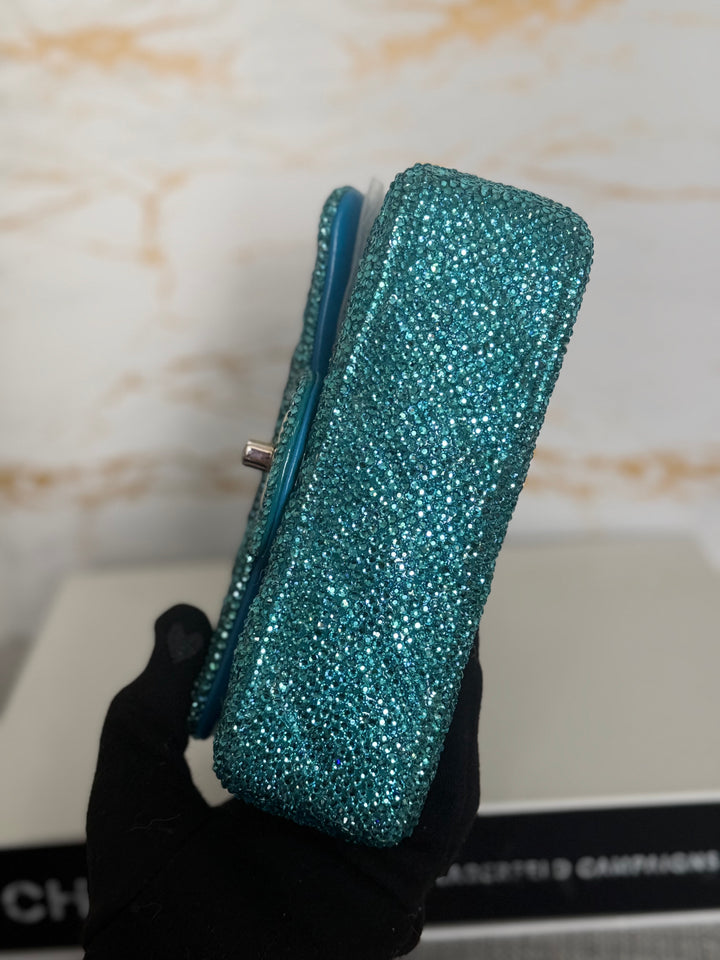 CHANEL series 21 Turquoise Teal Green Blue Diamanté Swarovski Crystal Strasssd Extra Mini Flap Bag with SHW *unicorn* RARE
