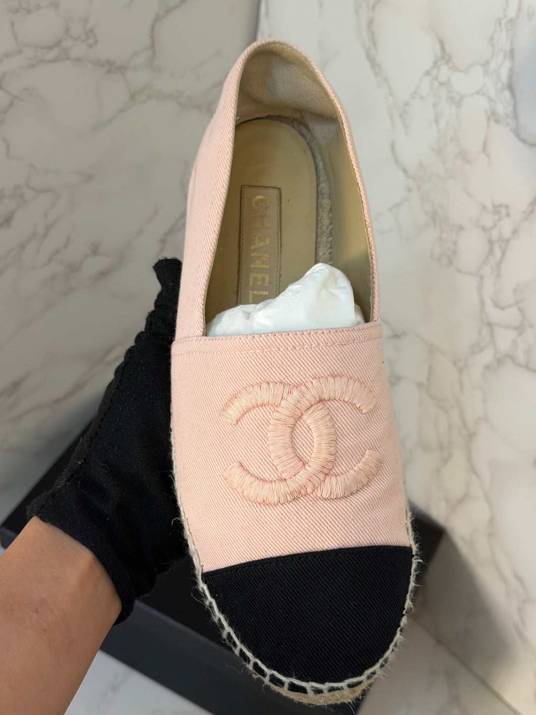 CHANEL Light Peachy Pink/Black Espadrilles Size EU 40