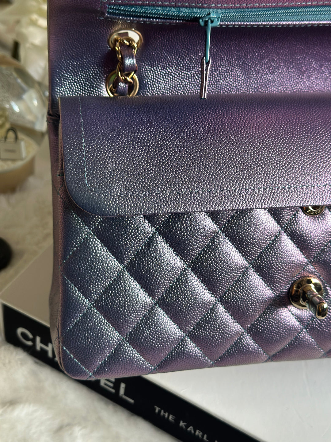 Chanel 22P Iridescent Purple Caviar LGHW Medium ML Timeless Classic Double Flap Bag