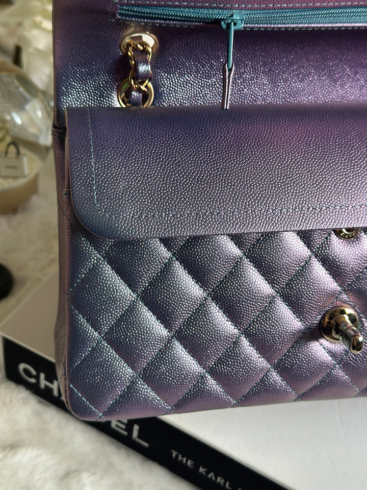 Chanel 22P Iridescent Purple Caviar LGHW Medium ML Timeless Classic Double Flap Bag
