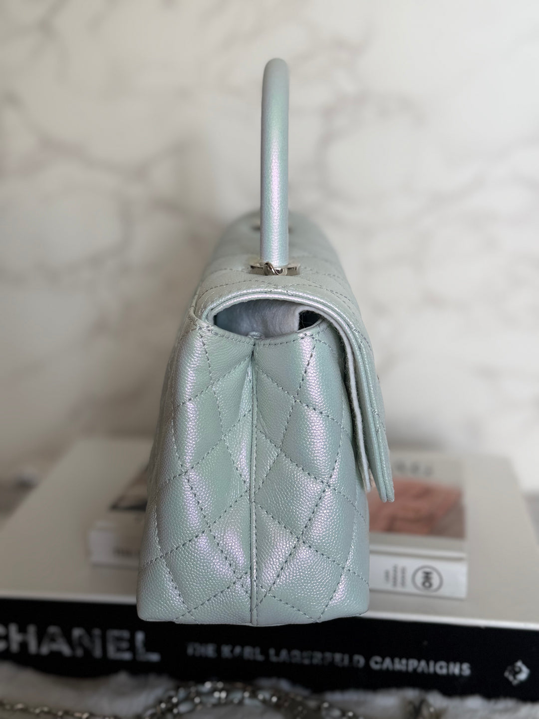 CHANEL 21K iridescent Light Blue Caviar Rainbow and shiny SHW Coco Handle Flap Bag size Small 2021