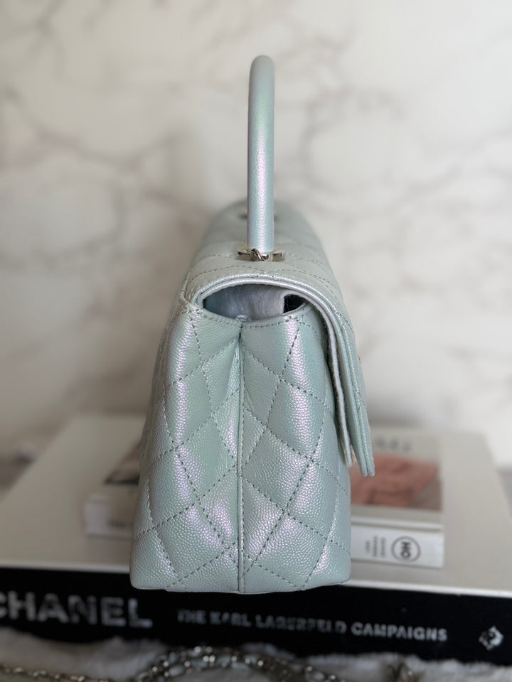 CHANEL 21K iridescent Light Blue Caviar Rainbow and shiny SHW Coco Handle Flap Bag size Small 2021