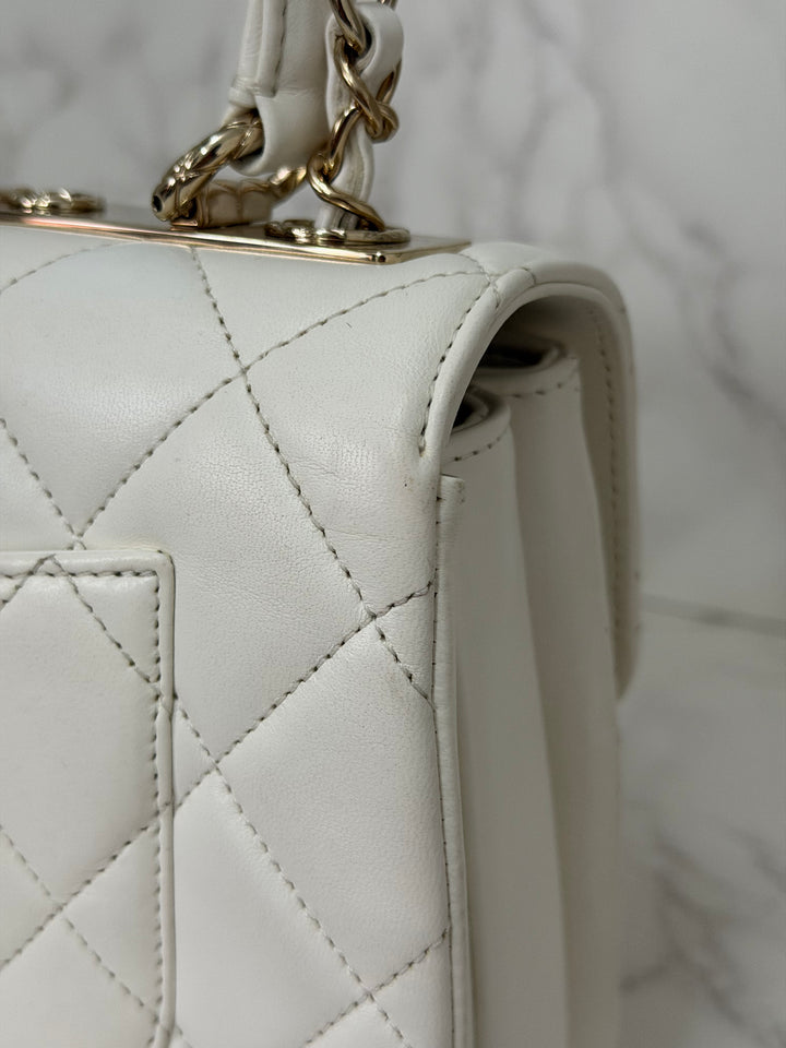 CHANEL 23S collection 2023 White Lambskin LGHW Trendy CC Flap Bag size Small with raised CHANEL Engraved Plate Top Handle