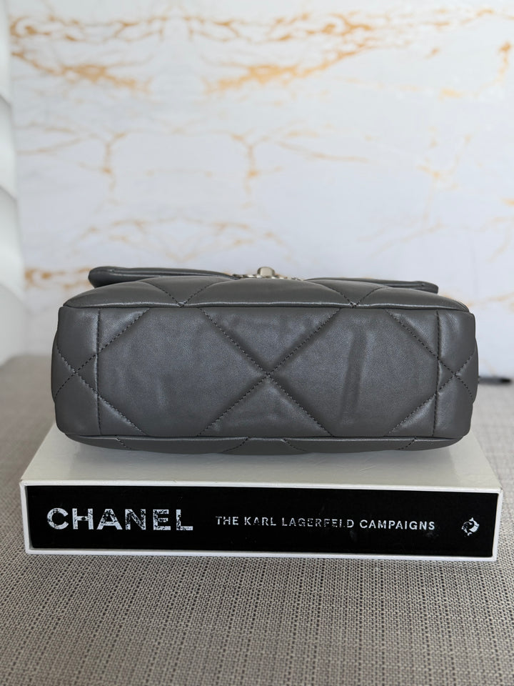 CHANEL Dark Grey Lambskin 19 Size SMALL/MEDIUM Mixed HW Flap Bag 2022 Microchipped