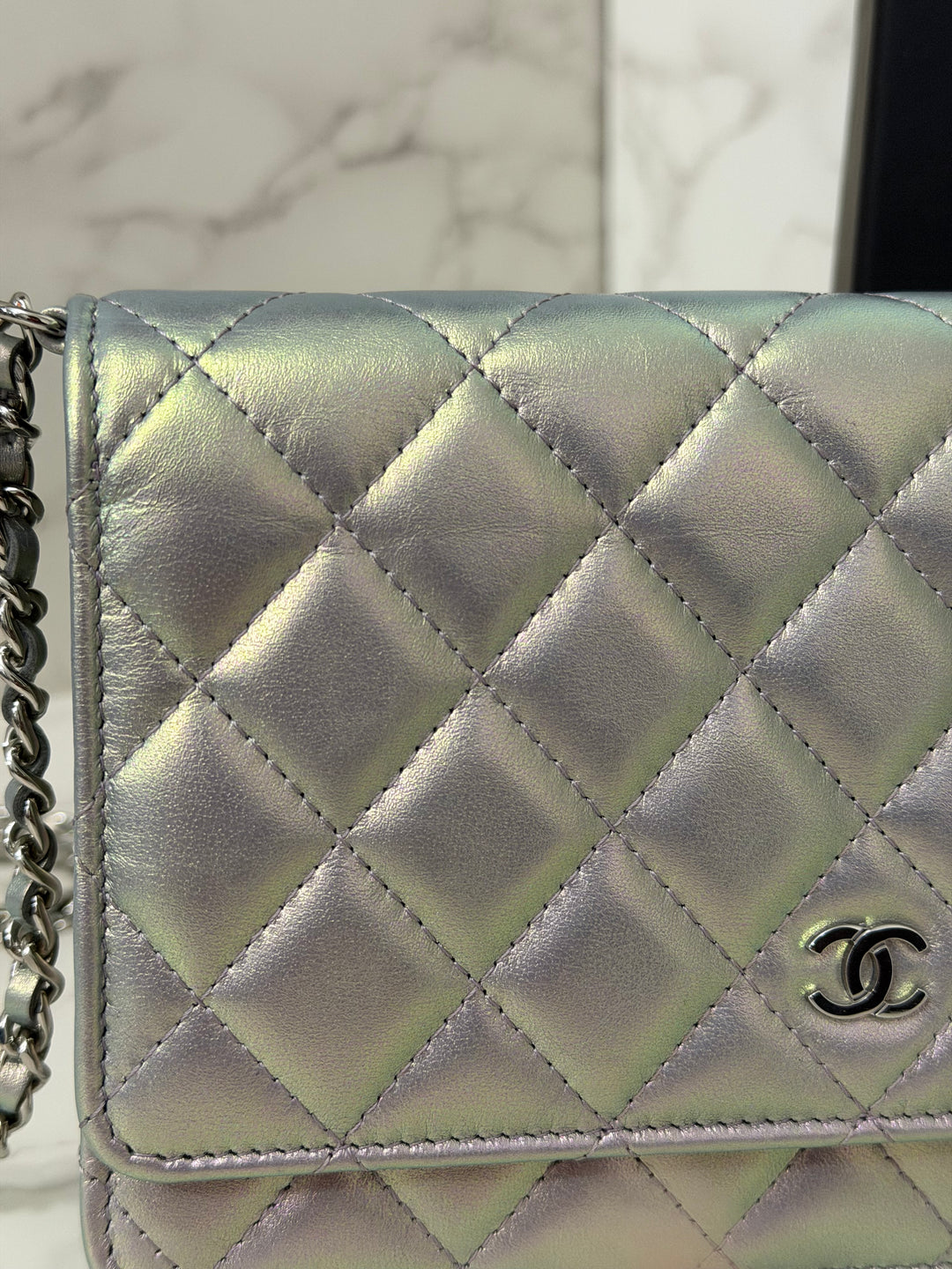 CHANEL 21K Silver Lambskin SHW Classic Wallet On Chain (WOC)