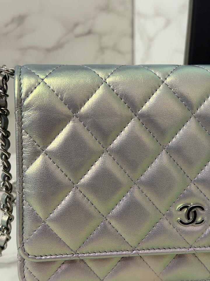CHANEL 21K Silver Lambskin SHW Classic Wallet On Chain (WOC)