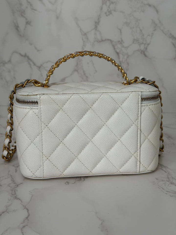 CHANEL 22S Collection 2022 Pick Me Up White Caviar Small Vanity Case with Metal Top Handle GHW