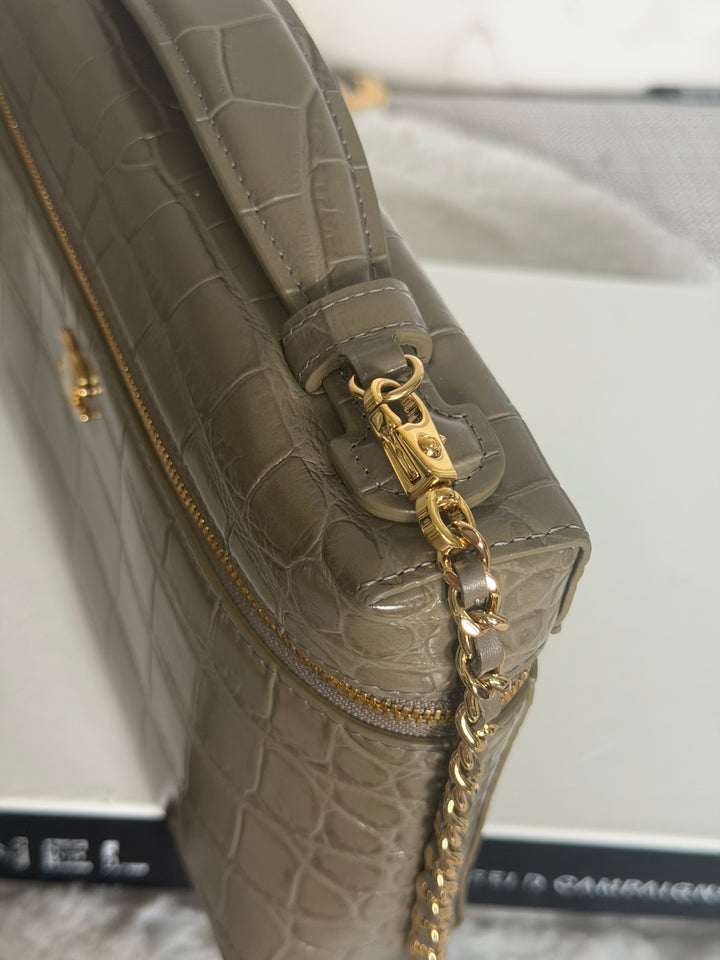 CHANEL 26A Etoupe Khaki Croc Embossed Calf skin LGHW LP Long Vanity size Medium 23 cms with detachable chain 2026