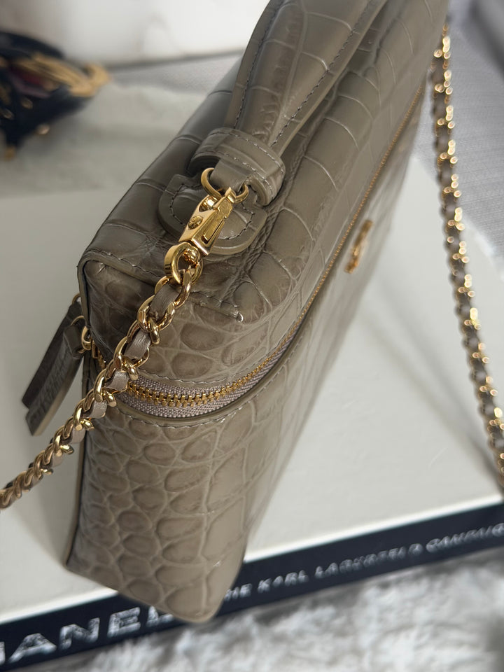 CHANEL 26A Etoupe Khaki Croc Embossed Calf skin LGHW LP Long Vanity size Medium 23 cms with detachable chain 2026