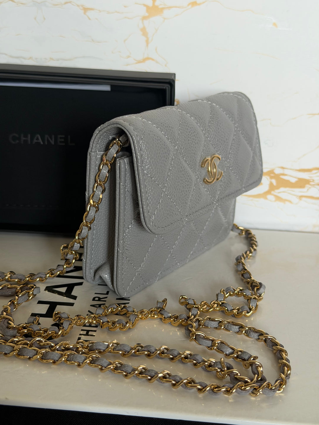 CHANEL 21B Coco Chain Grey Caviar Mini Clutch with Chain 2021