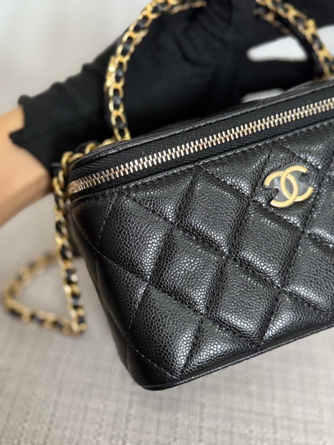 CHANEL Black Caviar Metal Top Handle Small Vanity with Chain 2025 Aged GHW