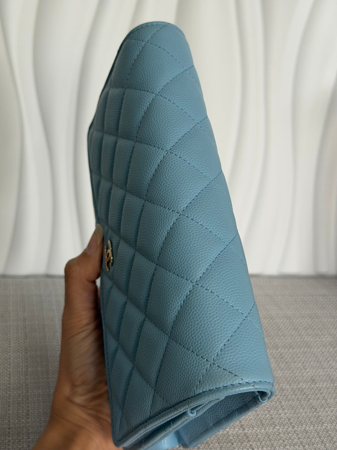 CHANEL 22S Collection 2022 Baby Blue/ Light Blue Caviar LGHW Classic Wallet on chain (WOC)