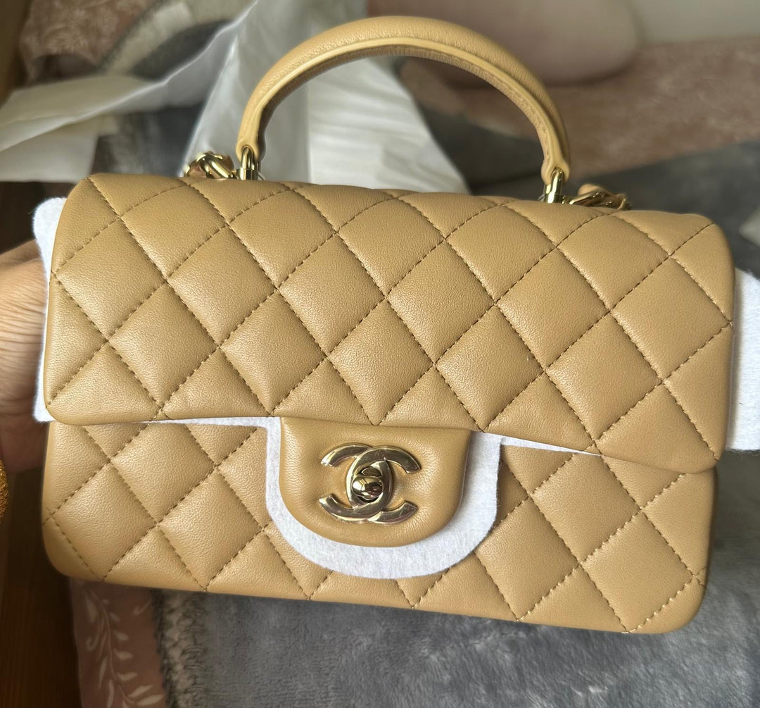 CHANEL Dark Beige LGHW Top Handle Mini Rectangular Flap Bag