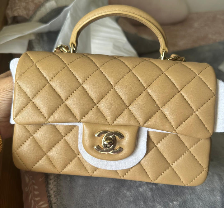 CHANEL Dark Beige LGHW Top Handle Mini Rectangular Flap Bag