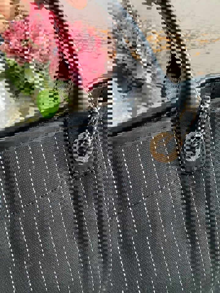 Chanel 23P 2023 collection in Black/White Stripe Canvas Deauville Tote with Top Handle and detachable pouch size Medium (15 inches)
