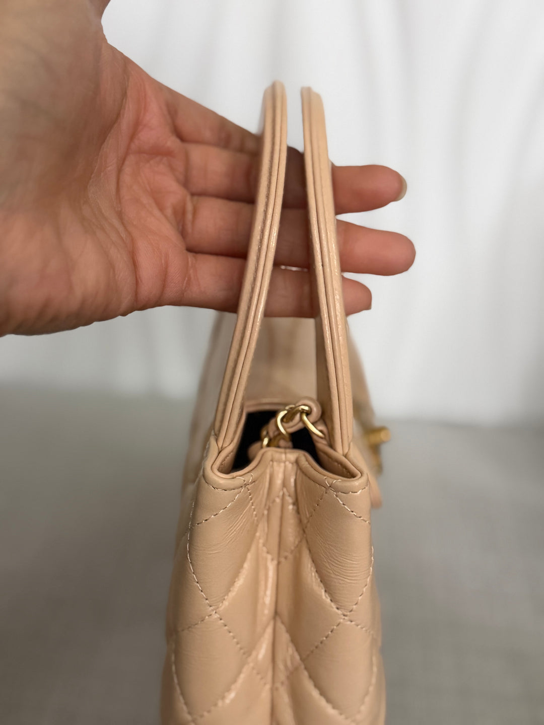 CHANEL 25C Powder Beige Calf Skin aged GHW Kelly Nano Shopping Bag Size Small 19 cms