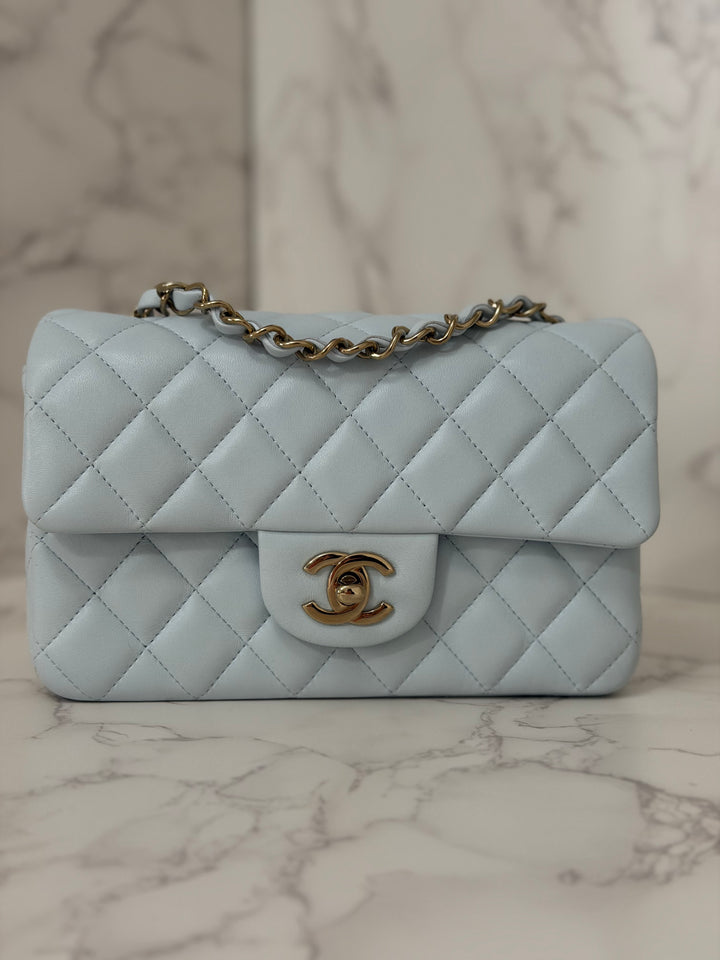 CHANEL 25S collection 2025 Light Baby Blue Lambskin LGHW Mini Rectangular Flap Bag