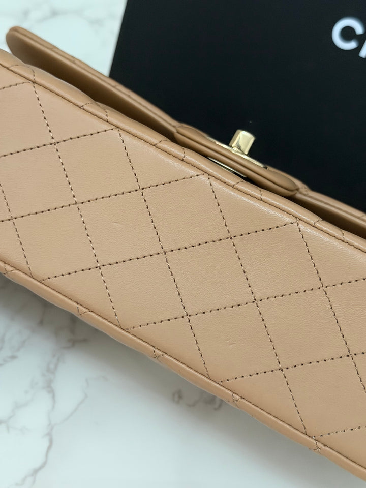 CHANEL 22K collection 2022 Dark Beige Lambskin LGHW Medium ML Timeless Classic Double Flap Bag