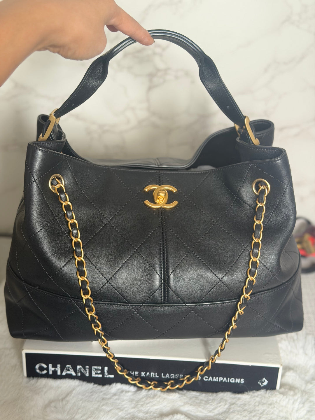 CHANEL 25A Black Calf Skin aged GHW Hobo Shopping Bag size Small 2025