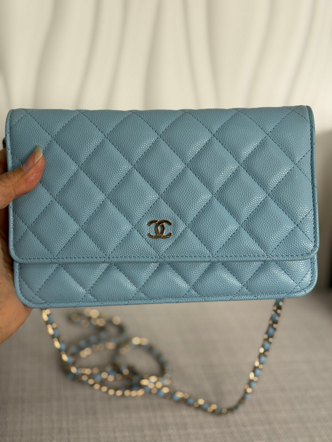 CHANEL 22S Collection 2022 Baby Blue/ Light Blue Caviar LGHW Classic Wallet on chain (WOC)
