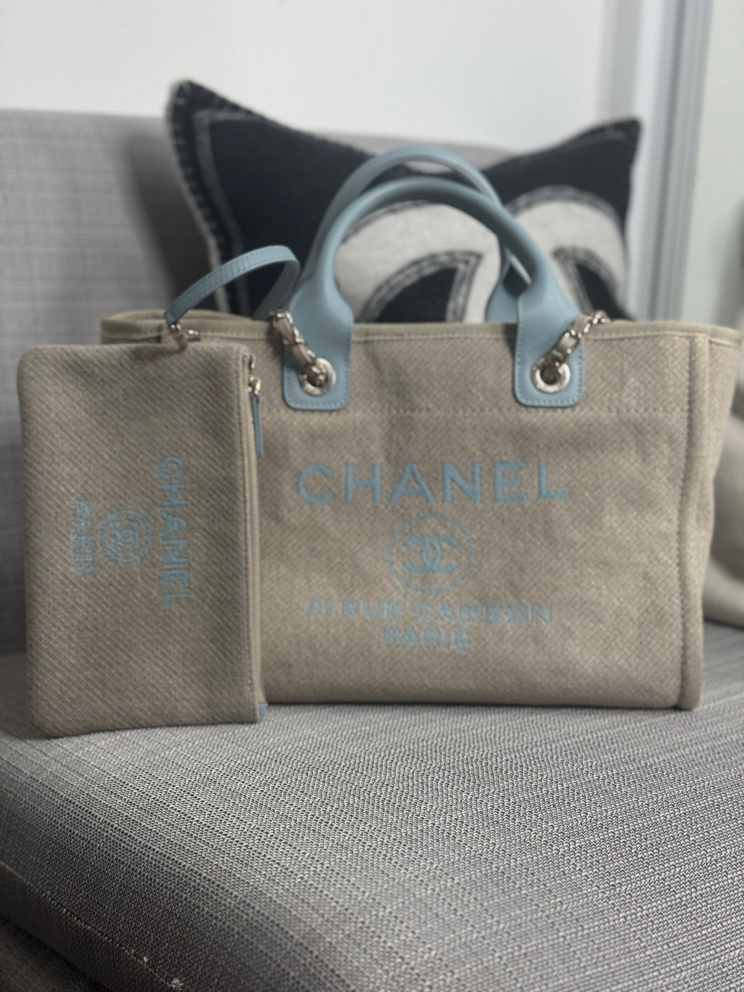 Chanel Beige And Light Blue Mixed Fibres Deauville Tote with Leather Top Handle Size Small