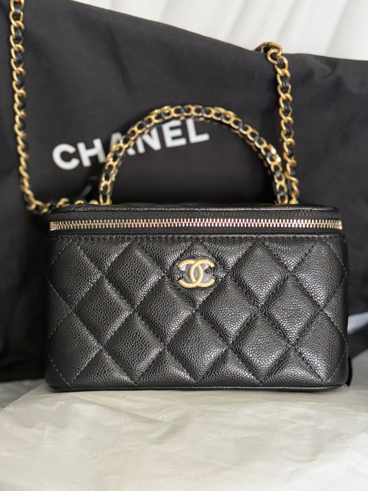 CHANEL Black Caviar Metal Top Handle Small Vanity with Chain 2025 Aged GHW