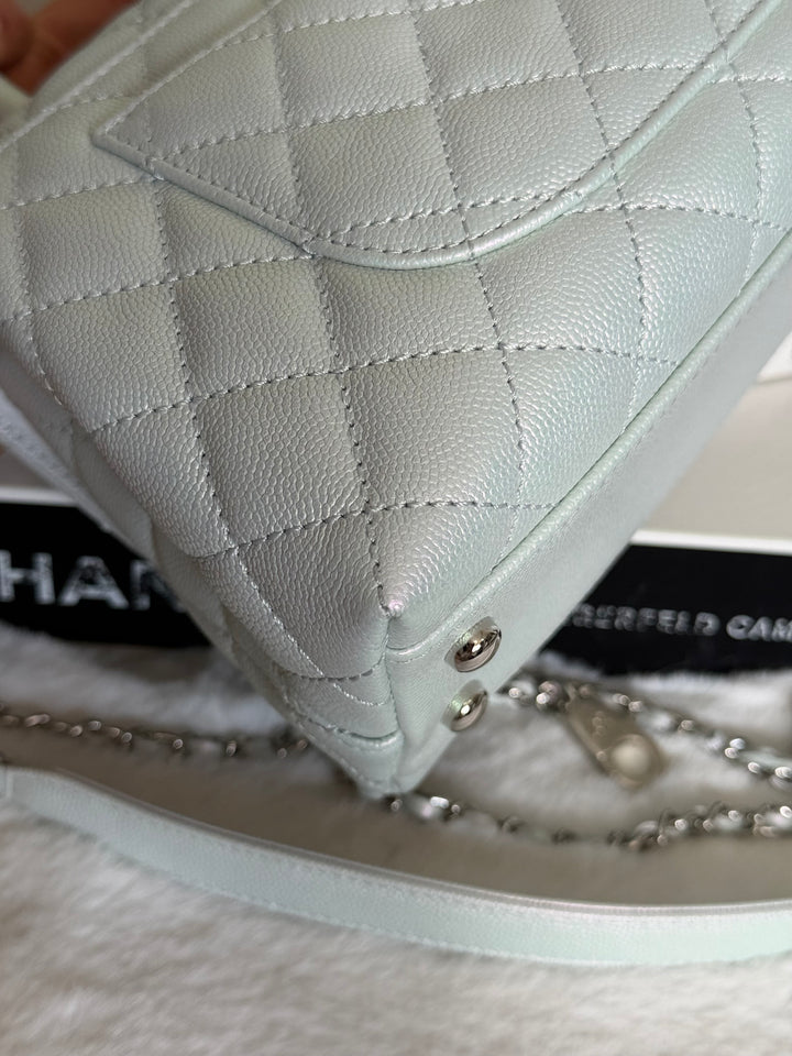 CHANEL 21K iridescent Light Blue Caviar Rainbow and shiny SHW Coco Handle Flap Bag size Small 2021