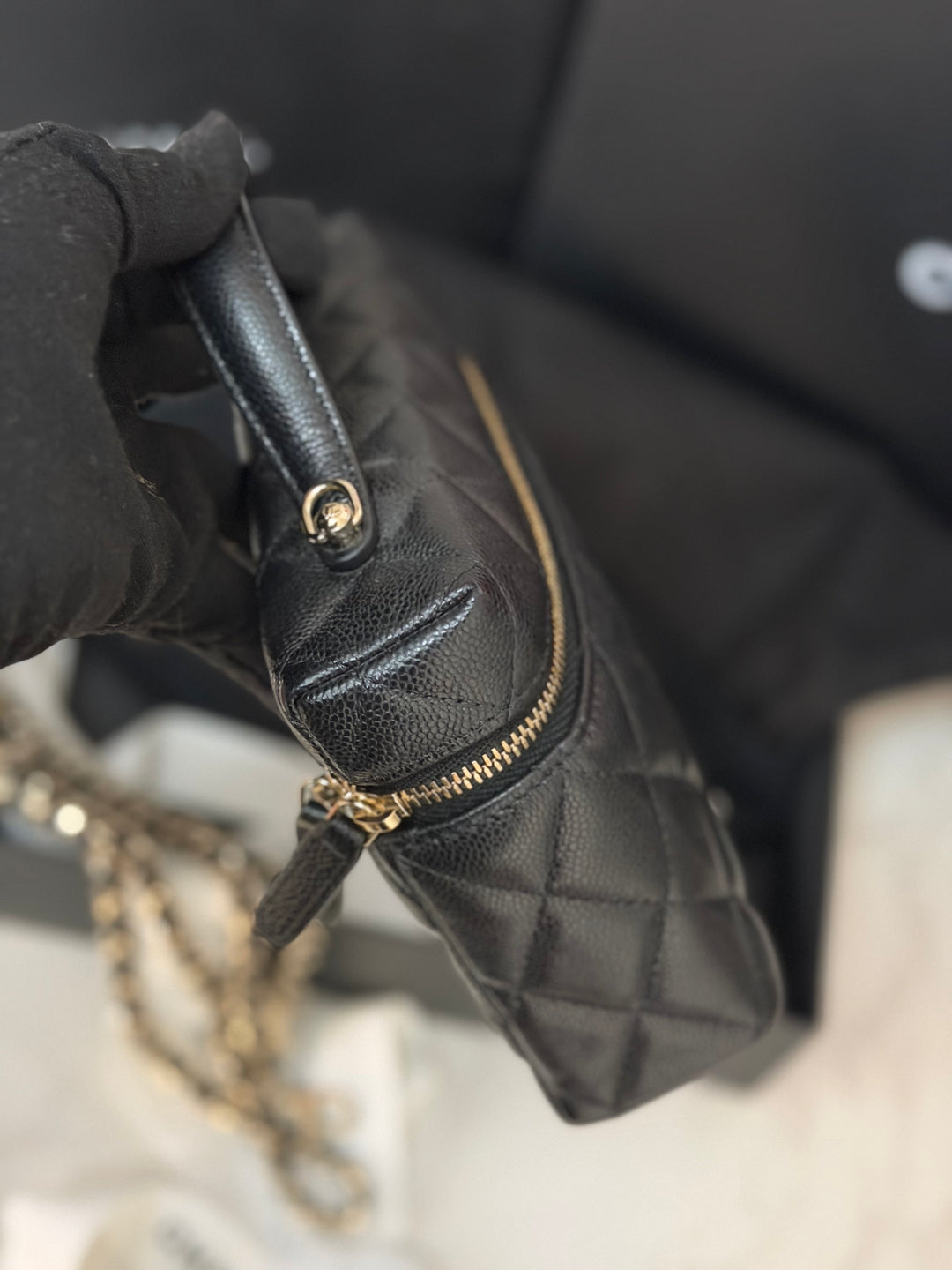 CHANEL Black Caviar LGHW Long Vanity with top handle and detachable chain