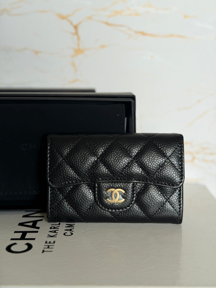 CHANEL Black Caviar LGHW Classic Flap Snap Card Holder