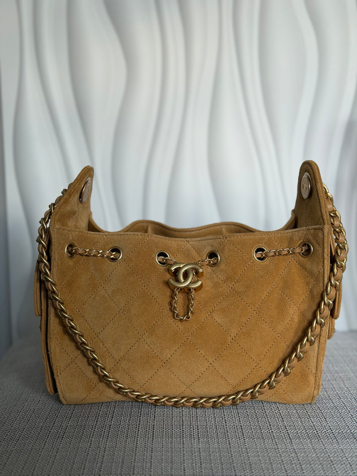 CHANEL 26C Dark Beige Camel Suede U5319 Aged GHW Mini 25 Hobo Bag